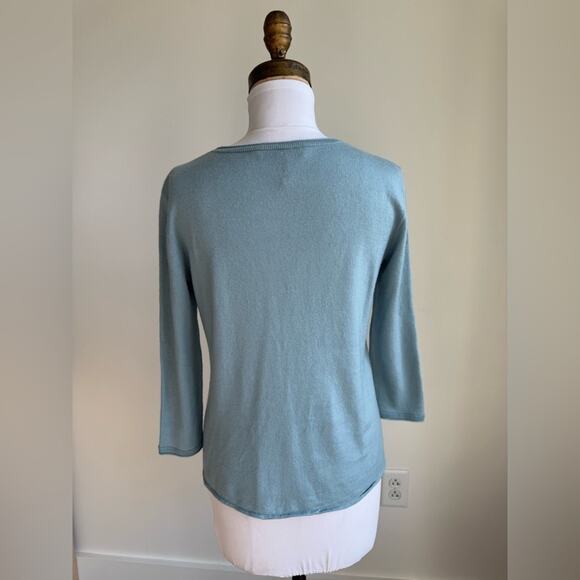 DOROTHEE SCHUMACHER POWDER BLUE WOOL SWEATER 3/4 HARDWARE CUTOUT MEDIUM - Picture 4 of 9